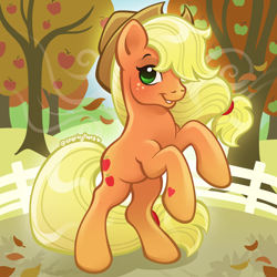 Size: 2400x2400 | Tagged: safe, artist:sparkytopia, imported from derpibooru, applejack, earth pony, pony, apple, apple tree, applejack's hat, autumn, breeze, cowboy hat, eyebrows, female, food, freckles, gradient legs, green eyes, hair tie, hat, hoof heart, leaves, looking at you, mare, orange coat, outdoors, rearing, signature, smiling, solo, sweet apple acres, tree, yellow hair