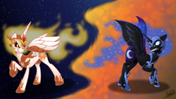 Size: 8820x4961 | Tagged: safe, artist:memprices, derpibooru exclusive, imported from derpibooru, daybreaker, nightmare moon, alicorn, pony, 1080p, angry, armor, concave belly, ethereal mane, ethereal tail, evil grin, female, floppy ears, frown, grin, gritted teeth, helmet, high res, hoof shoes, jaws, lineart, looking at each other, looking at someone, mare, mlp fim's fourteenth anniversary, nightmare night, peytral, princess shoes, raised hoof, rivalry, shading, shadow, siblings, sisters, slender, smiling, solo, spread wings, standing, starry mane, starry tail, tail, teeth, thin, wallpaper, wings