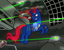 Size: 3850x2975 | Tagged: safe, artist:nx-42, imported from derpibooru, oc, oc only, oc:bit shift, pony, unicorn, fallout equestria, brain, clothes, combat, complex background, gritted teeth, horn, jumping, jumpsuit, laser pistol, looking back, organs, pipbuck, red eyes, red tail, solo, stop sign, tail, teeth, underhoof, vault suit, wasteland