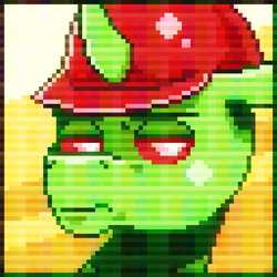 Size: 512x512 | Tagged: safe, artist:saturdaymorningproj, imported from derpibooru, oc, oc only, oc:berzie, changedling, changeling, changedling oc, changeling oc, clothes, digital art, hard hat, hat, lidded eyes, looking at you, male, pixel art, solo