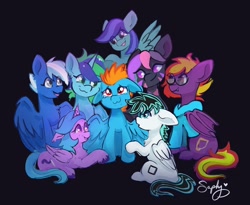 Size: 1200x982 | Tagged: safe, artist:saphypone, imported from derpibooru, oc, oc only, oc:samudash, bat pony, pegasus, pony, unicorn, black background, group hug, horn, hug, simple background