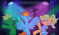 Size: 3500x2120 | Tagged: safe, artist:saphypone, imported from derpibooru, oc, oc only, oc:samudash, earth pony, pegasus, pony, unicorn, dancing, horn, microphone, spread wings, wings