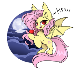 Size: 2050x1900 | Tagged: safe, artist:rejiser, imported from derpibooru, fluttershy, bat pony, pony, apple, bat ponified, bat wings, ear fluff, fangs, female, flutterbat, food, hissing, mlp fim's fourteenth anniversary, race swap, simple background, solo, tail, wings