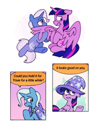 Size: 600x775 | Tagged: safe, artist:driftwoodpony, imported from derpibooru, trixie, twilight sparkle, alicorn, pony, unicorn, accessory swap, blush lines, blushing, clothes, dialogue, female, frown, hat, horn, lesbian, looking away, mare, one wing out, shipping, simple background, smiling, speech bubble, trixie's hat, twilight sparkle (alicorn), twixie, white background, wings