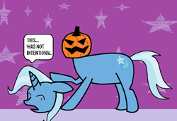 Size: 781x538 | Tagged: safe, artist:stardust breaker, imported from derpibooru, trixie, unicorn, female, gone wrong, halloween, holiday, horn, jack-o-lantern, mlp fim's fourteenth anniversary, pumpkin, solo