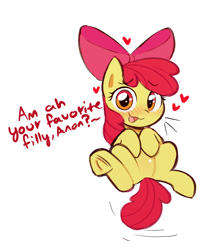 Size: 1360x1533 | Tagged: safe, artist:ccruelangel, imported from derpibooru, apple bloom, earth pony, pony, :3, bow, female, filly, foal, heart, hooves, looking at you, orange eyes, question mark, raised hoof, red hair, solo, yellow body