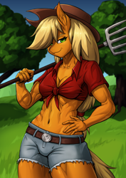 Size: 2480x3508 | Tagged: safe, artist:zaowl, imported from derpibooru, applejack, anthro, earth pony, abs, applejack's hat, applejacked, belly, belly button, belt, belt buckle, biceps, blonde hair, blonde tail, breasts, cleavage, clothes, cowboy hat, daisy dukes, day, eyebrows, eyelashes, female, front knot midriff, green eyes, hair over one eye, hand on hip, hat, hips, looking at you, midriff, muscles, muscular female, narrowed eyes, orange coat, outdoors, pitchfork, pose, shorts, smiling, smiling at you, solo, sweet apple acres, tail, thighs, thunder thighs, tree