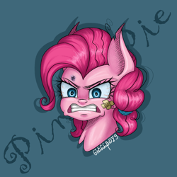 Size: 2048x2048 | Tagged: safe, artist:6hellboy9, imported from derpibooru, pinkie pie, earth pony, pony, angry, bust, female, pinkie pie is not amused, portrait, redesign, solo, unamused