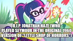 Size: 686x386 | Tagged: safe, edit, edited screencap, editor:lord you know who, imported from derpibooru, screencap, sci-twi, twilight sparkle, equestria girls, equestria girls series, my little shop of horrors, in memoriam, little shop of horrors, my little pony equestria girls: better together, rest in peace