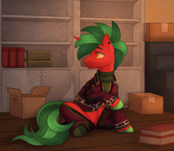 Size: 2300x2000 | Tagged: safe, artist:dereketto, imported from derpibooru, oc, oc only, oc:purple trove, pony, unicorn, book, bookshelf, boxes, horn, outfit, sitting, solo