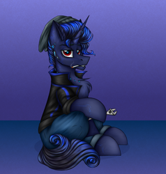 Size: 2950x3100 | Tagged: safe, artist:darklight1315, imported from derpibooru, oc, oc only, oc:dayline, cyborg, cyborg pony, pony, unicorn, fallout equestria, beanie, chest fluff, cigarette, clothes, denim, ear fluff, fallout equestria: mayday, hat, horn, implants, jacket, jeans, leather, leather jacket, male, pants, red eyes, sitting, solo, stallion