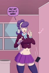 Size: 2000x3000 | Tagged: safe, artist:annon, imported from derpibooru, part of a set, suri polomare, human, equestria girls, clothes, dialogue, jewelry, midriff, miniskirt, phone, skirt, socks, stockings, thigh highs