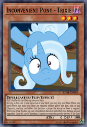 Size: 813x1185 | Tagged: safe, artist:badumsquish, derpibooru exclusive, imported from derpibooru, trixie, pony, unicorn, card, card game, ccg, effect monster card, female, horn, inconvenient trixie, looking at you, lying down, mare, prone, show accurate, solo, sploot, stare, table, trading card, wide eyes, yu-gi-oh!, yugioh card