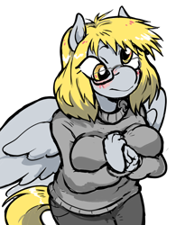 Size: 708x909 | Tagged: safe, artist:honkinghighblood, imported from derpibooru, derpy hooves, anthro, pegasus, alternate hairstyle, big breasts, blush lines, blushing, breasts, busty derpy hooves, clothes, glasses, simple background, solo, sweater, sweater puppies, white background