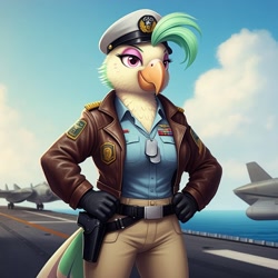 Size: 1024x1024 | Tagged: safe, imported from derpibooru, captain celaeno, anthro, bird, parrot, series:g.i. pony: a real equestrian hero, my little pony: the movie, admiral keel-haul, ai content, ai generated, aircraft carrier, clothes, cosplay, costume, dog tags, female, g.i. joe, generator:google imagen 3.0, hand on hip, hat, military uniform, outdoors, plane, prompter:zerowinger, smiling, solo, uniform