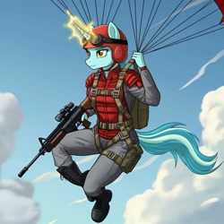 Size: 1024x1024 | Tagged: safe, imported from derpibooru, anthro, plantigrade anthro, unicorn, series:g.i. pony: a real equestrian hero, ai content, ai generated, assault rifle, clothes, cloud, cosplay, costume, crazy legs, female, g.i. joe, generator:google imagen 3.0, glowing, glowing horn, goggles, gun, helmet, horn, military uniform, outdoors, parachute, paratrooper, prompter:zerowinger, rifle, sky, smiling, solo, uniform, weapon