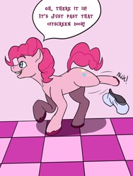 Size: 2160x2880 | Tagged: safe, artist:mcsplosion, imported from derpibooru, pinkie pie, earth pony, pony, female, fourth wall, high res, human to pony, indoors, mare, open mouth, smiling, solo, speech bubble, transformation, transformation sequence, transgender transformation, undressing