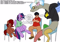 Size: 3507x2480 | Tagged: safe, artist:mcsplosion, imported from derpibooru, discord, twilight sparkle, oc, oc:acesential, oc:penny, alicorn, earth pony, human, pony, annoyed, chair, clothes, dialogue, eris, fingers together, high res, human to draconequus, human to pony, ponid-21, post-transformation, rule 63, simple background, sitting, transformation, twilight sparkle (alicorn), white background