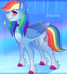 Size: 1064x1174 | Tagged: safe, artist:loomiiis, imported from derpibooru, rainbow dash, pegasus, pony, colored hooves, colored wings, colored wingtips, feathered fetlocks, female, grin, hooves, mare, signature, smiling, solo, wings