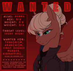 Size: 1800x1766 | Tagged: safe, artist:kirasunnight, imported from derpibooru, oc, oc:penny banks, pegasus, angry, blonde, blue eyes, clothes, cyberpunk, female, jacket, leather, leather jacket, mare, red background, simple background, terrorism, wanted poster, wings