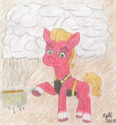 Size: 1102x1188 | Tagged: safe, artist:opti, imported from derpibooru, sprout cloverleaf, earth pony, pony, apron, clothes, food, french fries, frown, g5, male, mcdonald's, smoke, stallion, traditional art, unamused