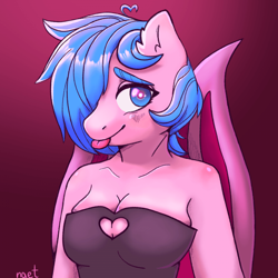 Size: 700x700 | Tagged: safe, artist:raet, imported from derpibooru, oc, oc:neon burst, anthro, bat pony, blushing, boob window, breasts, cute, female, solo, tongue out