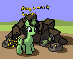 Size: 897x728 | Tagged: safe, artist:neuro, imported from derpibooru, oc, oc only, oc:filly anon, pony, unicorn, dialogue, female, filly, horn, levitation, magic, mining, pickaxe, rock, runescape, solo, telekinesis