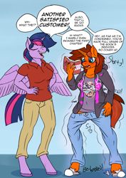 Size: 2480x3507 | Tagged: safe, artist:mcsplosion, imported from derpibooru, twilight sparkle, oc, oc:acesential, oc:painterly flair, alicorn, anthro, unguligrade anthro, unicorn, book, dialogue, duo, extortion, female, high res, horn, human to anthro, shrinking, transformation, twilight sparkle (alicorn)