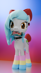 Size: 1080x1920 | Tagged: safe, artist:the luna fan, derpibooru exclusive, imported from derpibooru, oc, oc only, oc:sweet elis, earth pony, 3d, blender, bow, chocolate bar, choker, clothes, earth pony oc, food, gradient background, hair bow, jewelry, looking at you, peace sign, pendant, ribbon, smiling, socks, tail, tail bow