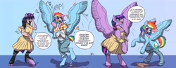 Size: 6400x2480 | Tagged: safe, artist:mcsplosion, imported from derpibooru, rainbow dash, twilight sparkle, alicorn, human, pegasus, pony, clothes, dialogue, duo, excited, female, gradient background, happy, high res, human to pony, ripping clothes, speech bubble, spread wings, transformation, transformation sequence, twilight sparkle (alicorn), wings