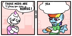 Size: 1000x500 | Tagged: safe, artist:mcsplosion, imported from derpibooru, rainbow dash, human, pegasus, pony, comic, dialogue, duo, human to pony, pills, stonetoss, transformation