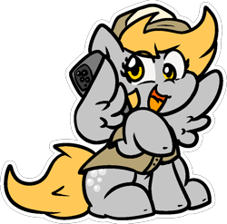 Size: 903x893 | Tagged: safe, artist:zutcha, imported from derpibooru, derpy hooves, pegasus, pony, cellphone, cute, derpabetes, female, mailmare uniform, mare, open mouth, open smile, outline, phone, simple background, sitting, smartphone, smiling, solo, transparent background, white outline, wing hold, wings