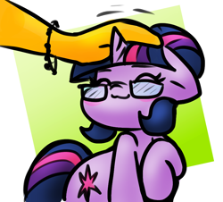 Size: 840x759 | Tagged: safe, artist:zutcha, imported from derpibooru, sci-twi, sunset shimmer, twilight sparkle, human, pony, unicorn, equestria girls, bracelet, cute, duo, duo female, equestria girls ponified, eyes closed, female, glasses, hair bun, head pat, horn, jewelry, mare, offscreen character, passepartout, pat, pony pet, smiling, twiabetes, unicorn sci-twi