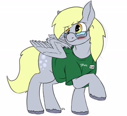 Size: 2680x2436 | Tagged: safe, artist:mcsplosion, imported from derpibooru, derpy hooves, pegasus, pony, blushing, clothes, female, frown, glasses, high res, human to pony, mare, post-transformation, raised hoof, shirt, simple background, t-shirt, transformation, white background