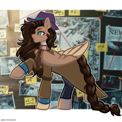 Size: 4134x4134 | Tagged: safe, artist:jjsh, imported from derpibooru, oc, oc only, oc:jennifer jones stars, pegasus, pony, birthmark, clothes, coat, detective, female, fluffy mane, hat, investigation, mare, newspaper, pigtails, raised hoof, scar, solo, tail, wings