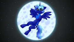 Size: 3840x2160 | Tagged: safe, artist:twinky, imported from derpibooru, oc, oc only, oc:night sky (polak23), alicorn, pony, alicorn oc, blue eyes, chest fluff, full moon, horn, looking at you, moon, sharp horn, smiling, solo, spread wings, wings