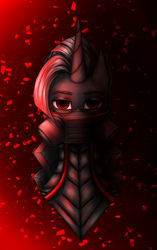 Size: 1654x2626 | Tagged: safe, artist:darklight1315, imported from derpibooru, pony of shadows, oc, oc only, oc:decline, oc:reaper, pony, unicorn, fallout equestria, fallout equestria: mayday, horn, red eyes, respirator, shards, solo