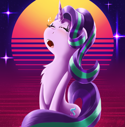 Size: 2117x2152 | Tagged: safe, artist:jphyperx, imported from derpibooru, starlight glimmer, pony, unicorn, blushing, chest fluff, ecstasy, enjoying, eyes closed, horn, retrowave, stars, synthwave