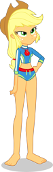 Size: 1250x4024 | Tagged: safe, alternate version, artist:dustinwatsongkx, imported from derpibooru, applejack, equestria girls, applejack's beach shorts swimsuit, applejack's hat, barefoot, clothes, cowboy hat, feet, female, geode of super strength, hat, lidded eyes, magical geodes, simple background, solo, swimsuit, transparent background