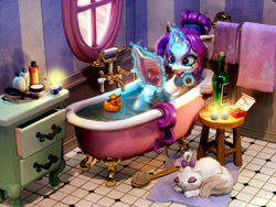 Size: 2160x1620 | Tagged: safe, artist:harwick, imported from derpibooru, opalescence, rarity, cat, pony, unicorn, bathing, bathtub, horn, romance novel