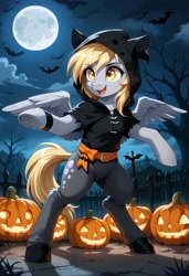 Size: 832x1216 | Tagged: safe, imported from derpibooru, derpy hooves, pegasus, pony, semi-anthro, ai content, ai generated, belt, bipedal, clothes, costume, female, generator:pony diffusion v6 xl, generator:stable diffusion, halloween, halloween costume, holiday, hood, hoodie, jack-o-lantern, mare, moon, outdoors, pants, prompter:gregorymars, pumpkin, solo, standing