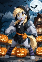 Size: 832x1216 | Tagged: safe, imported from derpibooru, derpy hooves, pegasus, pony, semi-anthro, ai content, ai generated, belt, bipedal, clothes, costume, female, generator:pony diffusion v6 xl, generator:stable diffusion, halloween, halloween costume, holiday, hood, hoodie, jack-o-lantern, mare, moon, outdoors, prompter:gregorymars, pumpkin, socks, solo, standing