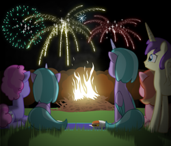 Size: 1537x1317 | Tagged: safe, artist:equestriaexploration, imported from derpibooru, alula, pluto, princess erroria, pony, 4chan, fire, fireworks, g5, lying down, periwinkle pi, prone, shiny sparks, strawberry blonde, sugarpuff lilac