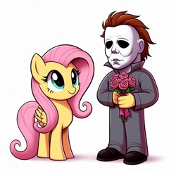 Size: 1024x1024 | Tagged: safe, imported from derpibooru, fluttershy, ai content, ai generated, flower, halloween (movie), michael myers, prompter:bluey2309, simple background, white background