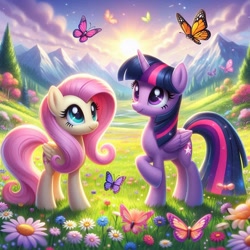 Size: 1024x1024 | Tagged: safe, imported from derpibooru, fluttershy, twilight sparkle, alicorn, butterfly, pegasus, ai content, ai generated, flower, mountain, nature, outdoors, prompter:bluey2309, tree, twilight sparkle (alicorn)