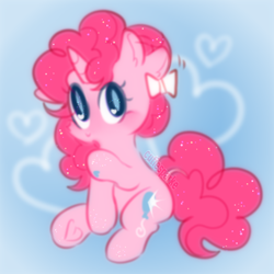 Size: 848x848 | Tagged: safe, artist:cutiesparke, imported from derpibooru, pinkie pie, pony, unicorn, :o, alternate cutie mark, alternate hairstyle, blue background, blushing, bow, cute, diapinkes, ear fluff, female, heart, hoof heart, looking up, open mouth, race swap, simple background, sitting, solo, sparkles, sparkly eyes, sparkly mane, underhoof, unicorn pinkie pie, wingding eyes