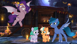 Size: 1860x1079 | Tagged: safe, artist:caseyben887, artist:prixy05, imported from derpibooru, oc, oc:navy soarblaze, bat pony, earth pony, pegasus, pony, undead, unicorn, vampire, vampony, angry, bat pipp, bow, candle, caravan, chubby, coat markings, female, flying, g5, halloween, holiday, horn, jack-o-lantern, mare, moon, night, peach fizz, pippbat, pippsqueaks, pumpkin, seashell (g5), shadow fight 3, sky, socks (coat markings), spread wings, tail, tail bow, wagon, wings