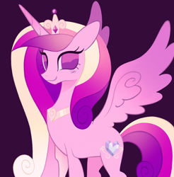 Size: 1754x1782 | Tagged: safe, artist:risswm, imported from derpibooru, princess cadance, alicorn, pony, alternate cutie mark, dark background, female, jewelry, looking at you, mare, no catchlights, no pupils, peytral, purple background, simple background, smiling, smiling at you, solo, spread wings, tiara, wings