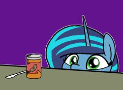 Size: 2048x1503 | Tagged: safe, artist:ewoudcponies, imported from derpibooru, pony, unicorn, butter knife, female, food, g5, horn, jar, knife, looking at something, mare, misty brightdawn, outline, peanut butter, peanut butter jar, purple background, simple background, solo, white outline