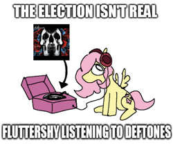 Size: 817x685 | Tagged: safe, artist:punkittdev, imported from derpibooru, fluttershy, pegasus, pony, deftones, female, headphones, impact font, looking back, mare, record, record player, sitting, solo, spread wings, text, wings